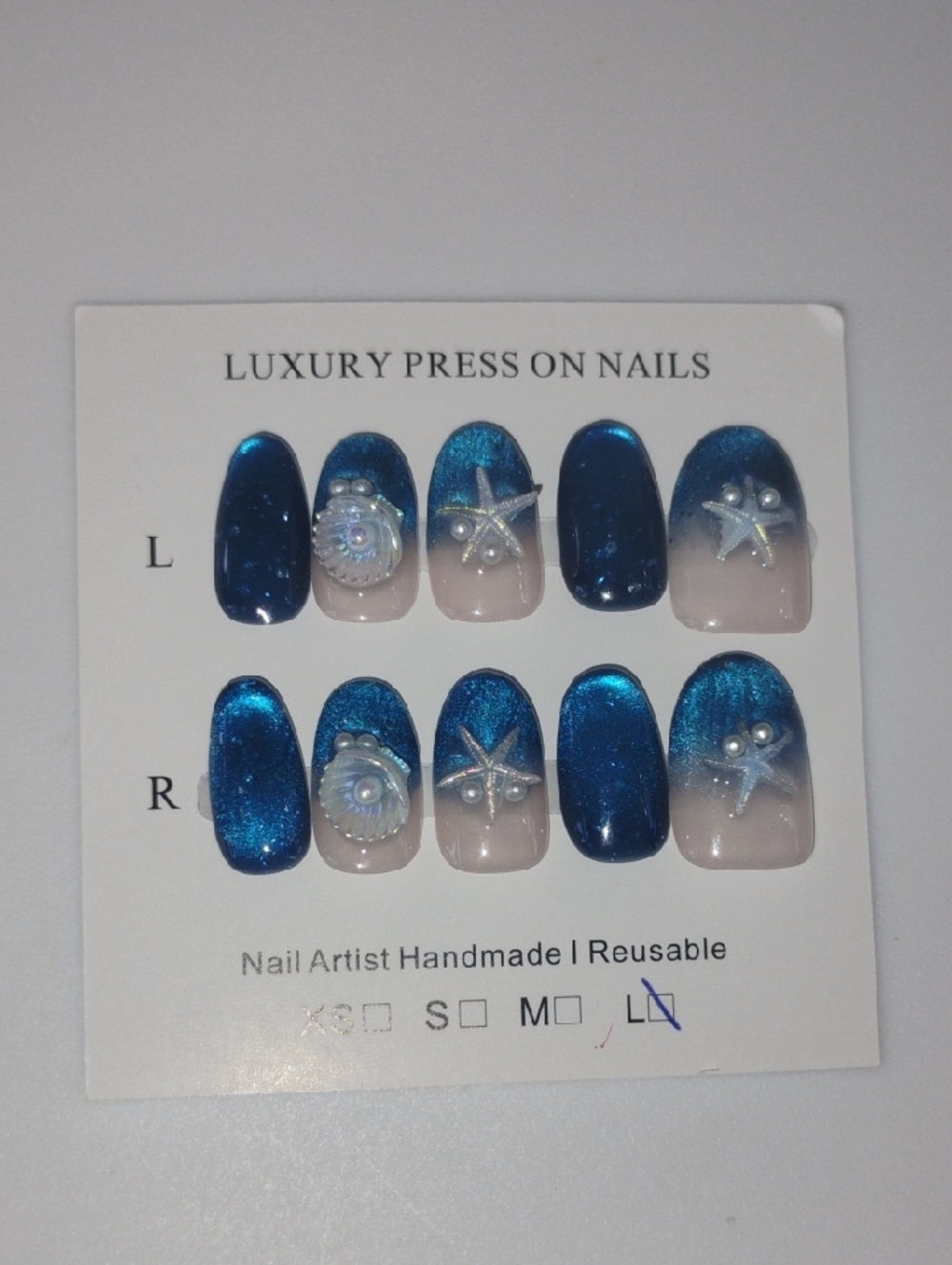Handmade Blue Ombre Press-On Nails with Starfish and Pearls